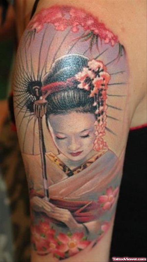 Beautiful Geisha Tattoo On Half Sleeve