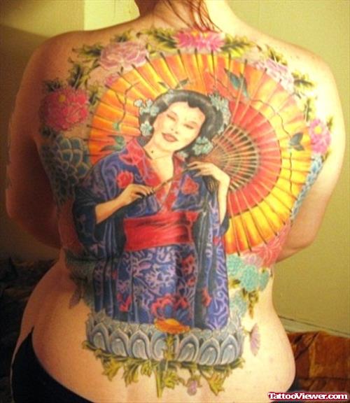 Beautiful Color Ink Geisha Tattoos On Back Body