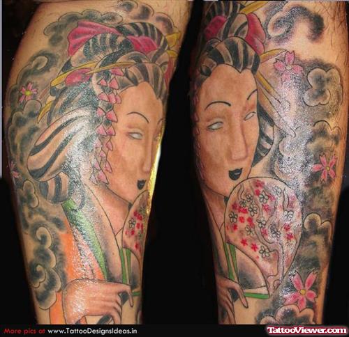 Awesome Color Ink Geisha Tattoo On Sleeve
