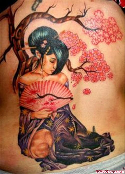 Attractive Colored Geisha Tattoo On Rib Side