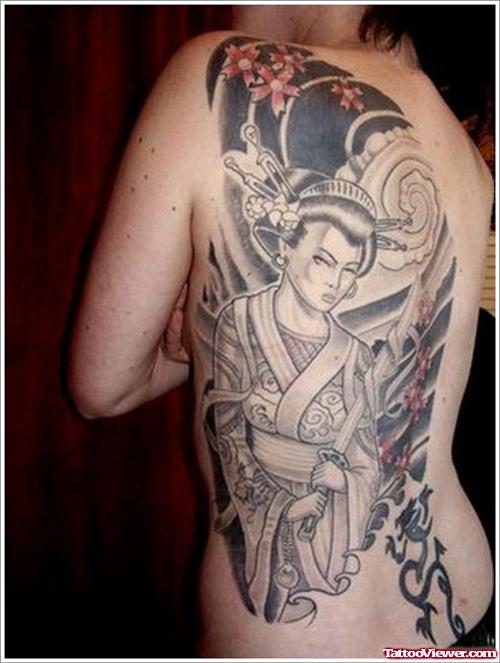Inspiring Grey Ink Geisha Tattoo On Back