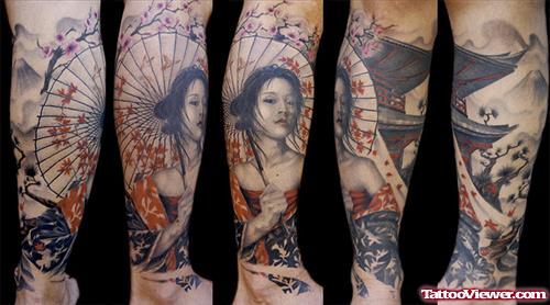 Impressive Color Ink Geisha Tattoo On Sleeve