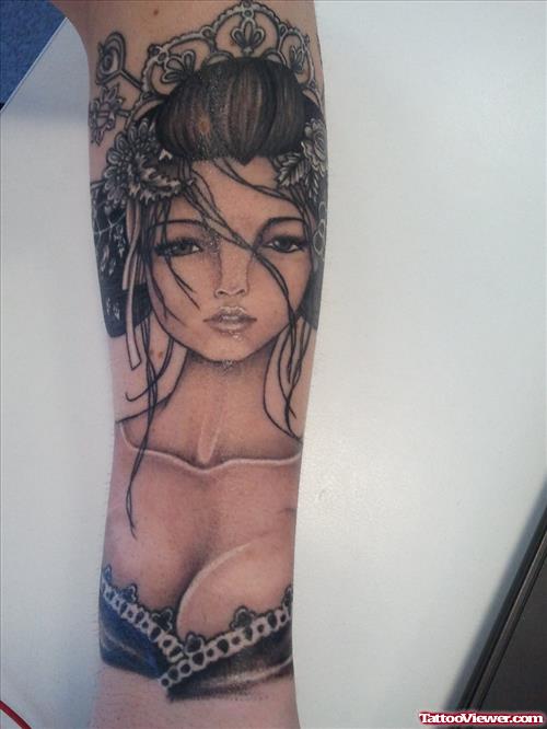 Grey Ink Geisha Tattoo On Left Forearm
