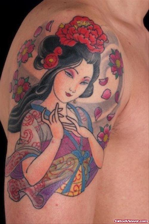 Geisha Tattoo On Man Right Shoulder