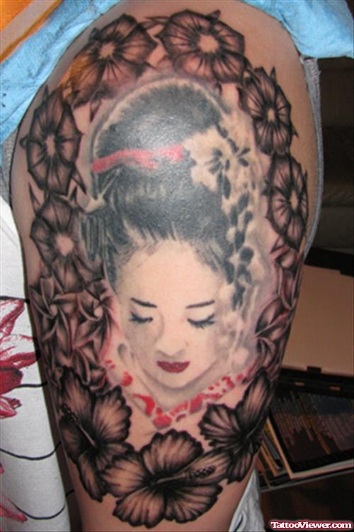 Fine Grey Ink Geisha Tattoo On Left Sleeve