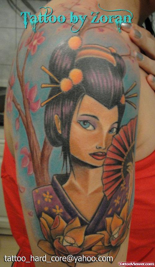 Extreme Color Ink Geisha Tattoo On Right Half Sleeve
