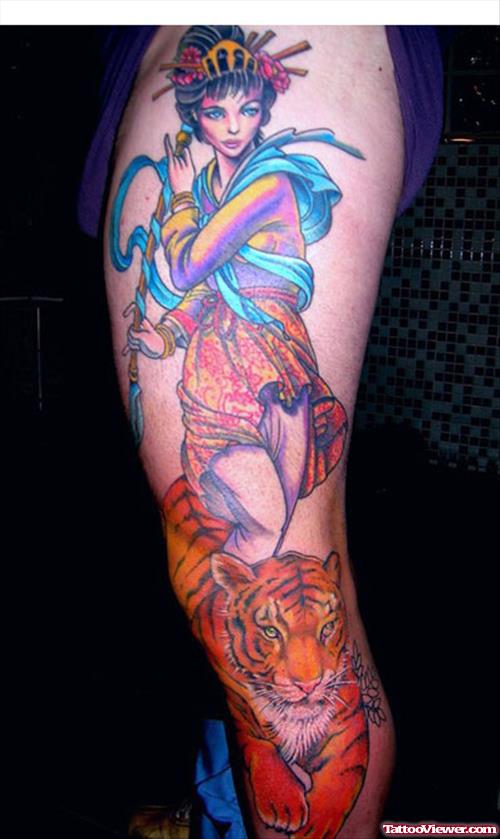 Colored Ink Geisha Tattoo On Left Leg