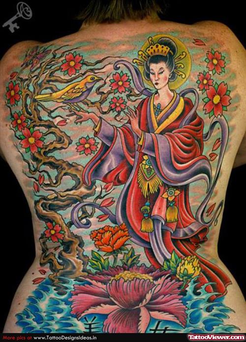 Colored Geisha Tattoos Designs On Back