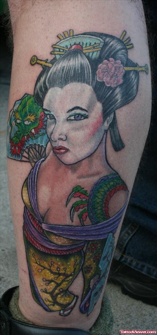 Colored Geisha Tattoo On Leg