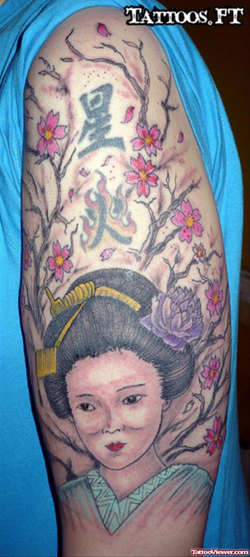 Colored Geisha Tattoo On Left Half Sleeve