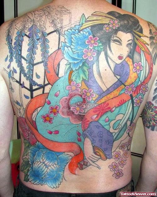 Colored Geisha Tattoo On Back Body