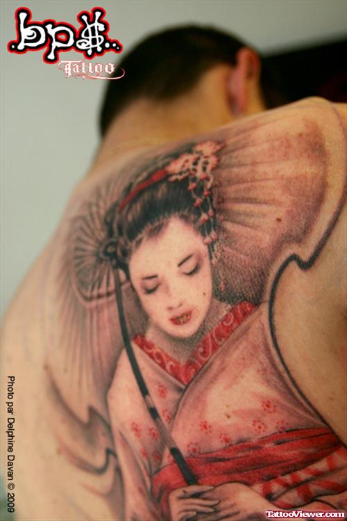 Color Ink Geisha Tattoo On Man Back Body