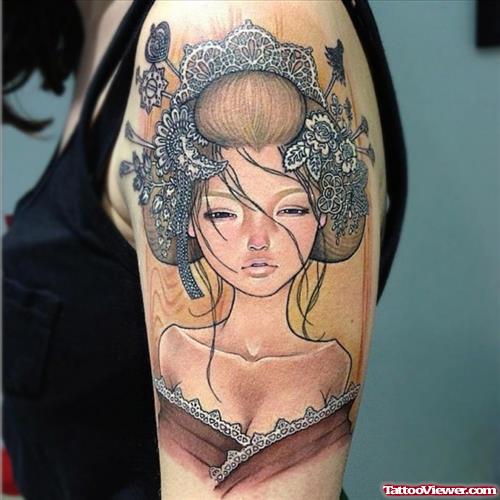 Color Ink Geisha Head Tattoo On Half Sleeve