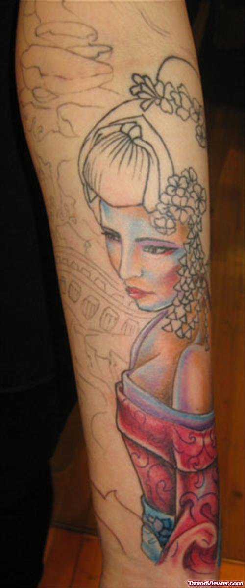 Color Ink Geisha Girl Tattoo On Left Sleeve