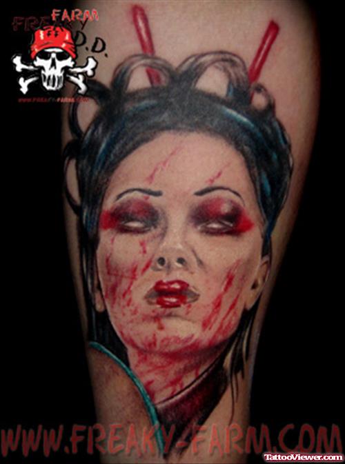 Awesome Colored Geisha Tattoo On Sleeve
