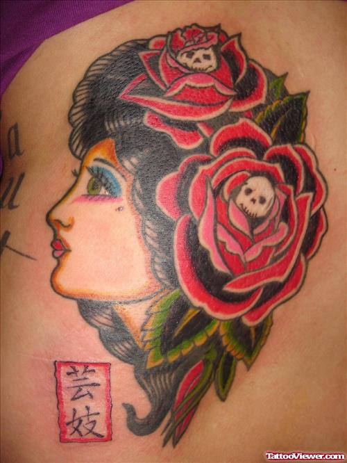 Skull Red Rose And Geisha Tattoo