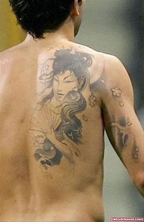Grey Ink Geisha Tattoo On Man Back SHoulder