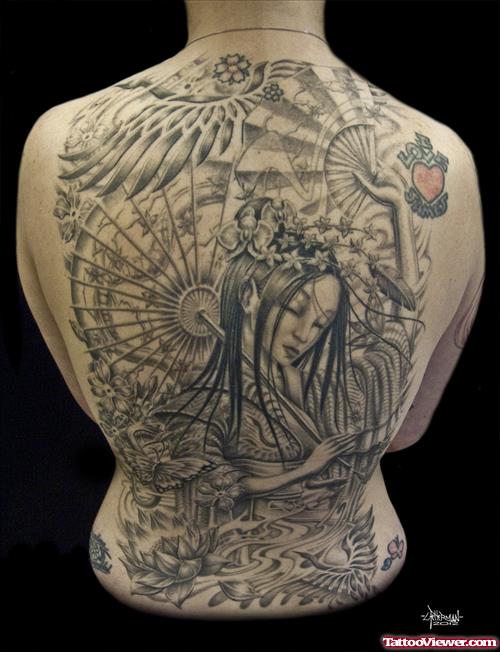 Grey Ink Geisha Tattoo On Back Body For Men