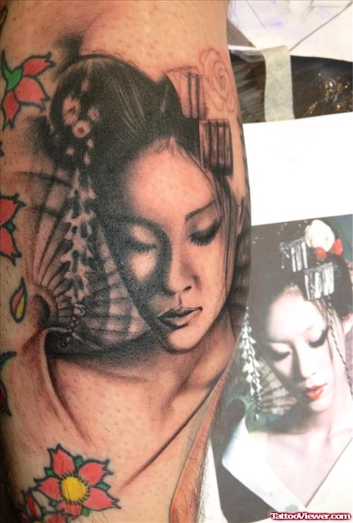 Grey Ink Geisha Girl Head Tattoo