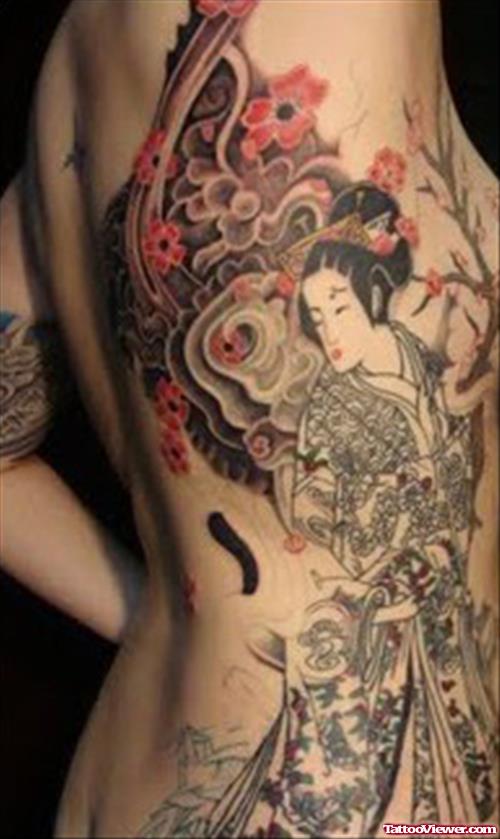 Geisha With Cherry Blossom Tattoo