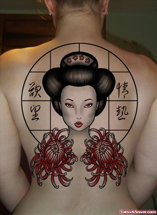 Geisha Head And Flowers Tattoo