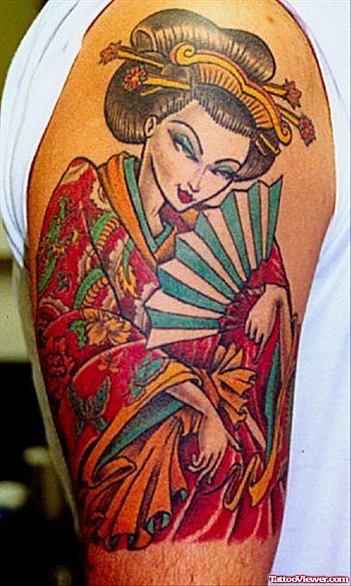 Awesome Color Ink Geisha Tattoo On Right Sleeve