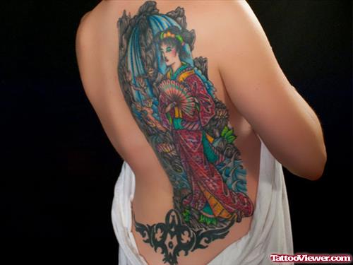 Extreme Colored Geisha Tattoo On Back