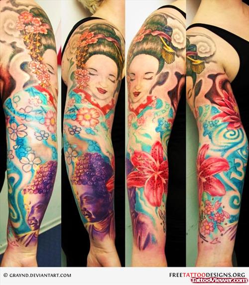 Dreadful Colored Geisha Tattoo On Sleeve