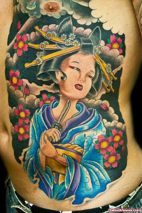 Colored Geisha Tattoo On Rib Side