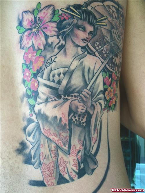 Color Ink Geisha Tattoo On Right Back Body