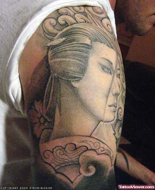 Amazing Grey Ink Geisha Tattoo On Right Half Sleeve