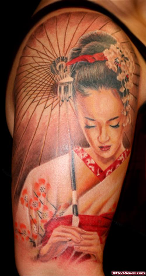 Amazing Geisha Tattoo On Half Sleeve