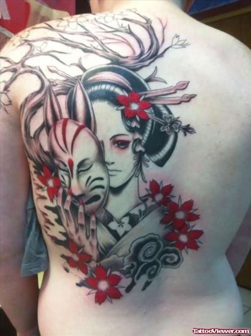 Red Flowers and Geisha Tattoo On Back