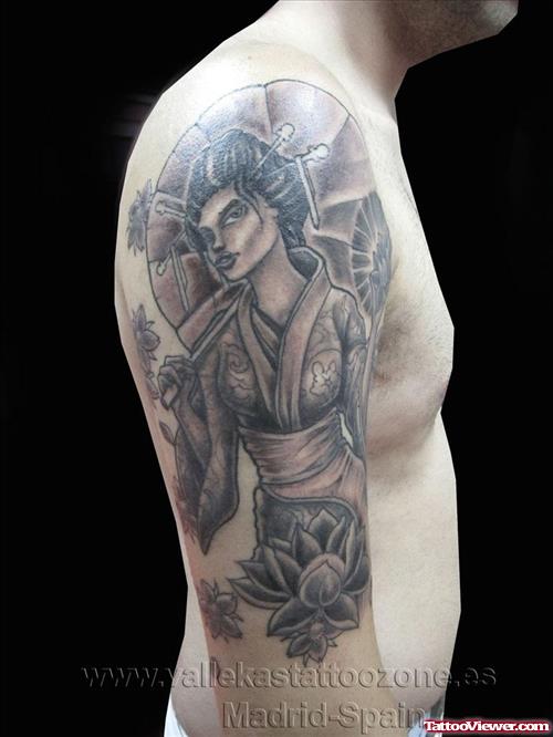 Grey Ink Geisha Tattoo On Man Right Half Sleeve