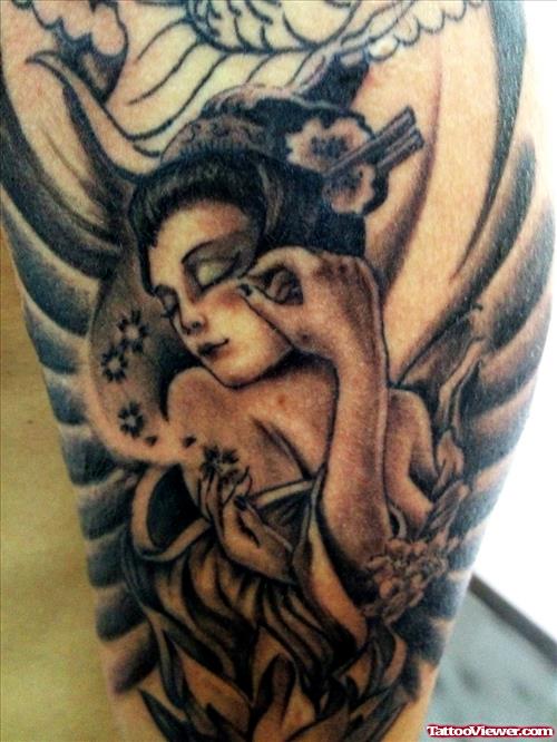 Grey Ink Geisha Tattoo On Left Sleeve