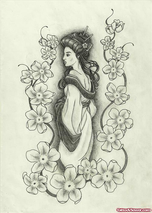 Grey Ink Flowers And Geisha Tattoo Design