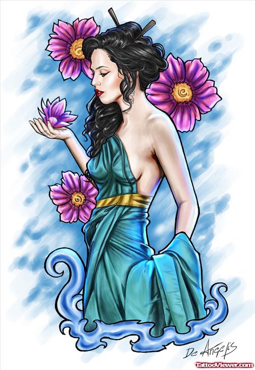 Geisha With Lotus Flower Tattoo Design