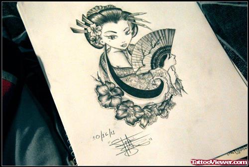 Geisha With Fan Tattoo Design