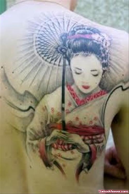 Color Ink Geisha Tattoo On Right Back Shoulder
