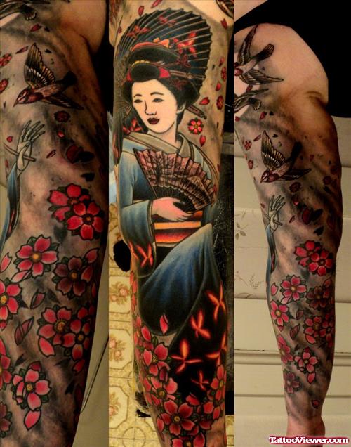 Color Flowers And Geisha Tattoo On Leg Sleeve