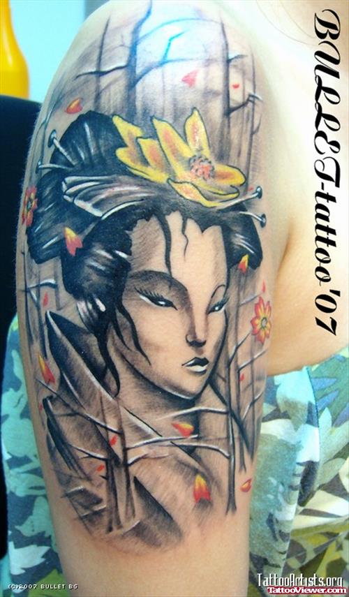 Classic Grey Ink Geisha Tattoo On Right Half Sleeve