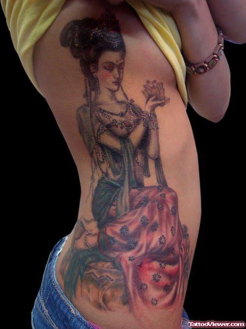 Beautiful Colored Geisha Tattoo On Girl Rib Side