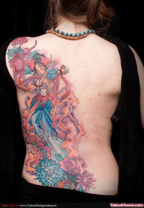 Awesome Colored Geisha Tattoo On Back Body