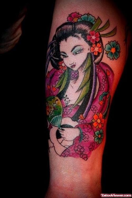 Awesome Colored Flowers And Geisha Tattoo On Sleeve