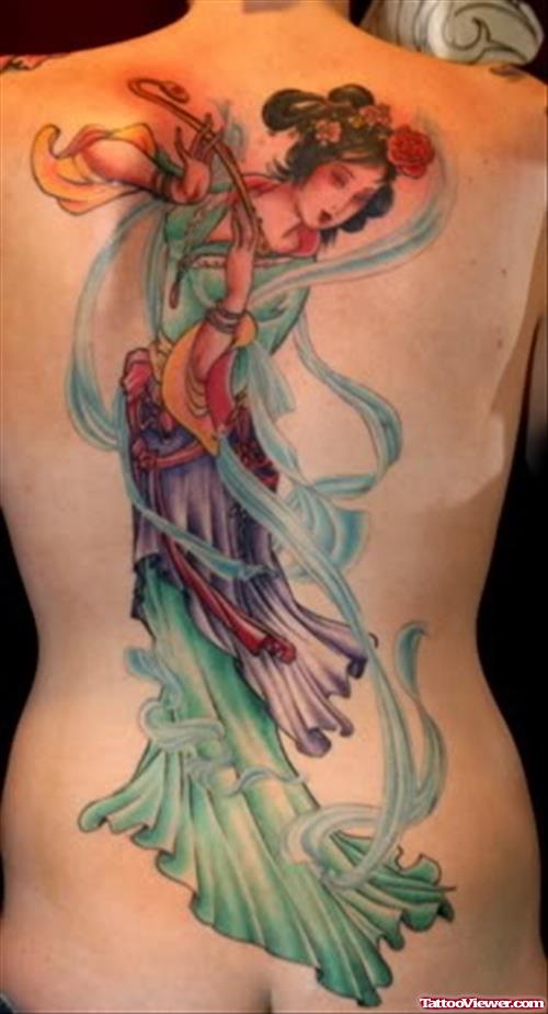 Awesome Color Geisha Tattoo On Back Body