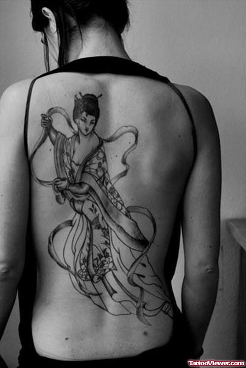 Amazing GRey Ink Geisha Tattoo On Back Body