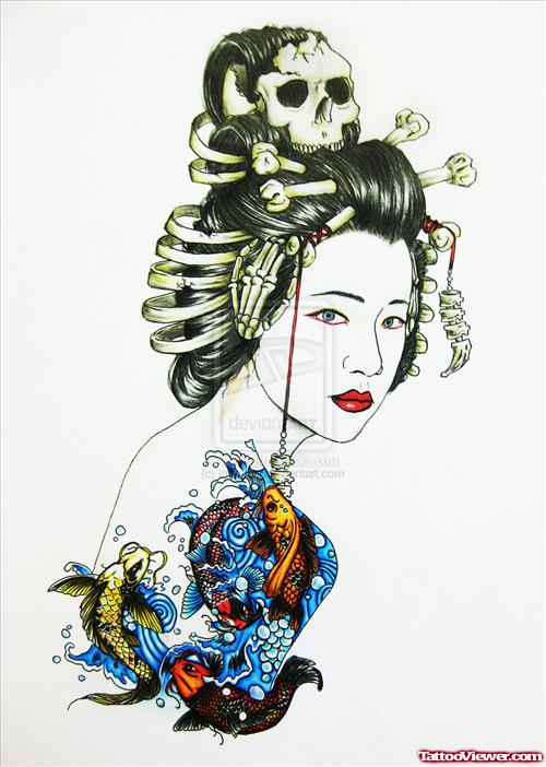 amazing Colored Geisha Tattoo Design