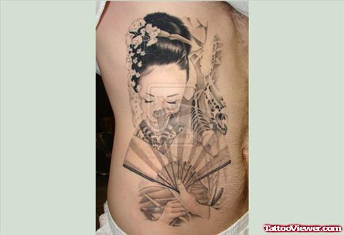 Rib Side Grey Ink Geisha Tattoo