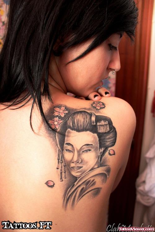 Grey Ink Geisha Tattoo On Right BAck Shoulder