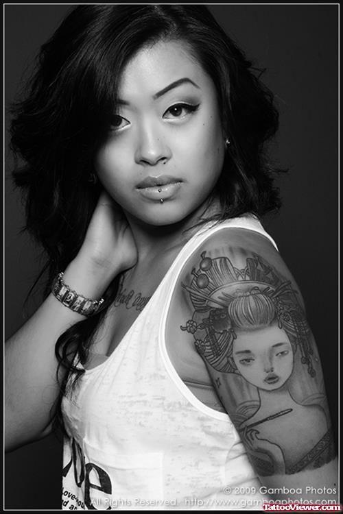 Grey Ink Geisha Tattoo On Left Half Sleeve For Girls